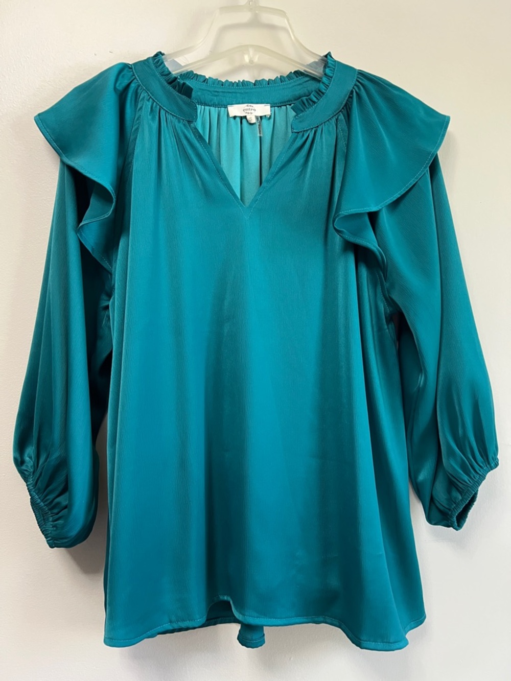 Entro Emerald Green Teal Ruffle-Shoulder Satin Blouse Split V-Neck S” - Picture 9 of 11